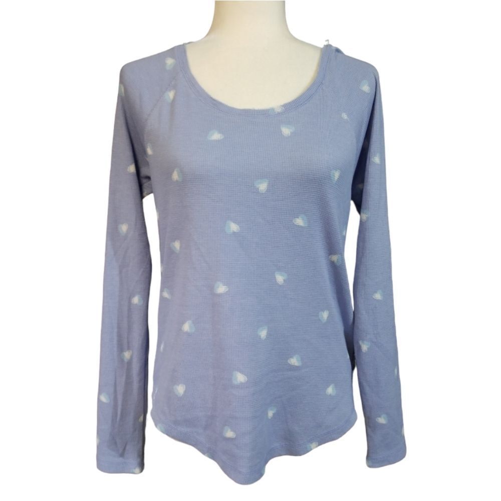 Lucky Brand Women's Baby Blue Hearts Waffle Long Sleeve Top Size Medium